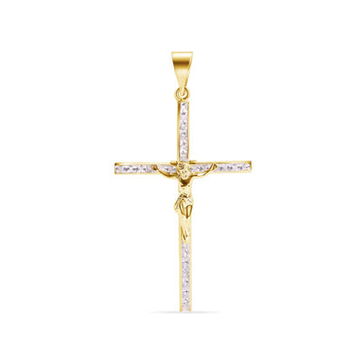 14K Yellow Gold Cross Jesus Christ Studded Clear CZ Pendant