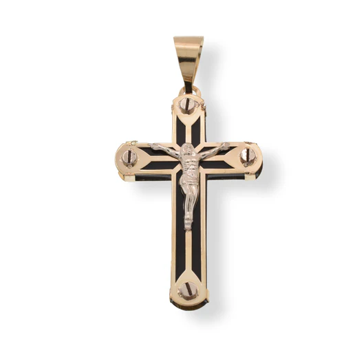 14K Yellow Gold Cross Jesus Christ Black Enamel Pendant