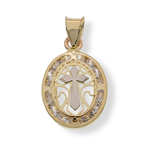 14K Yellow Gold Oval Abstract Diamond Cut Cross Clear CZ Pendant