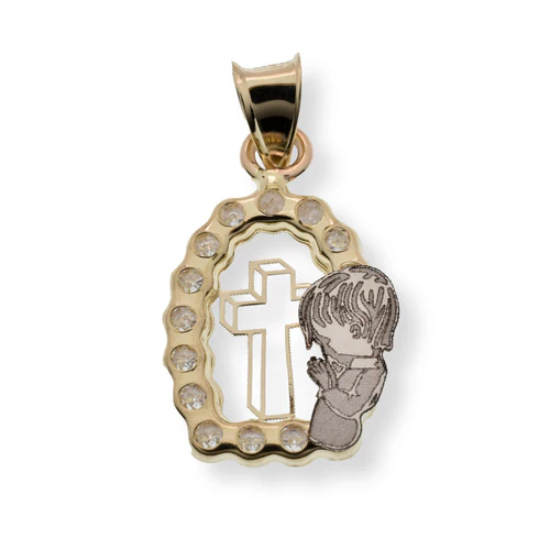 14K Yellow Gold Oval Praying Child Diamond Cut Cross Clear CZ Pendant