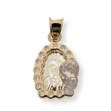 Load image into Gallery viewer, 14K Yellow Gold Oval Praying Child Diamond Cut Our Lady Of Guadalupe Clear CZ Pendant