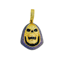 Load image into Gallery viewer, Sterling Silver Gold Plated Hooded Skull Clear and Purple CZ Pendant