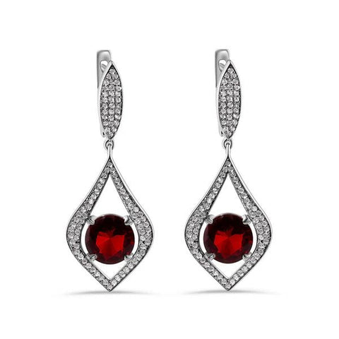 Sterling Silver Rhodium Plated Chandelier Round Ruby CZ Dangling Earring