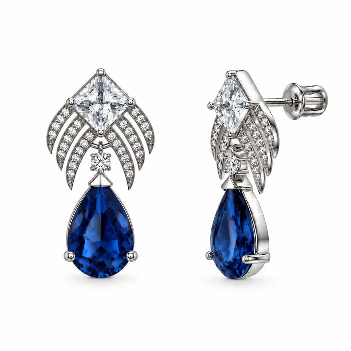 Sterling Silver Rhodium Plated Blue Sapphire September Birthstone Teardrop CZ Dangle Earrings