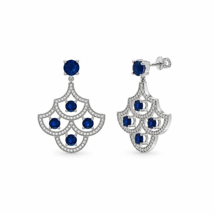 Sterling Silver Rhodium Plated Blue Sapphire September Birthstone CZ Chandelier Dangle Earrings