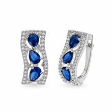 Load image into Gallery viewer, Sterling Silver Rhodium Plated Blue Sapphire September Birthstone Pear Cut CZ Huggie Earrings
