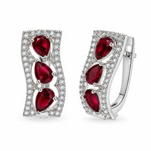 Load image into Gallery viewer, Sterling Silver Rhodium Plated Ruby July Birthstone Pear Cut CZ Huggie Earrings