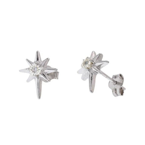 Sterling Silver Rhodium Plated Northern Star Diamond Cut Stud Earring