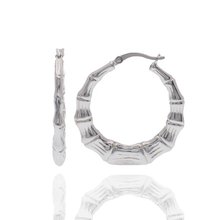 Load image into Gallery viewer, Sterling Silver Rhodium Plated Bamboo Style Hoop Earring