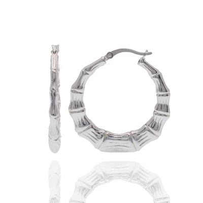 Sterling Silver Rhodium Plated Bamboo Style Hoop Earring