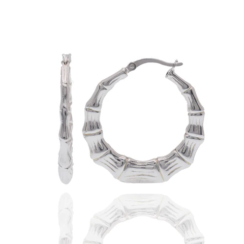 Sterling Silver Rhodium Plated Bamboo Style Hoop Earring