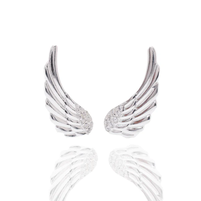 Sterling Silver Rhodium Plated Angel Wings Clear CZ Stud Earring