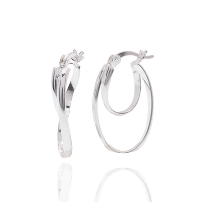 Sterling Silver Rhodium Plated Hoop Double Oval Earring