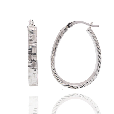 Sterling Silver Rhodium Plated Diamond Cut Twisted Oval Hoop Earring
