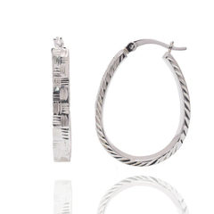 Sterling Silver Rhodium Plated Diamond Cut Twisted Oval Hoop Earring