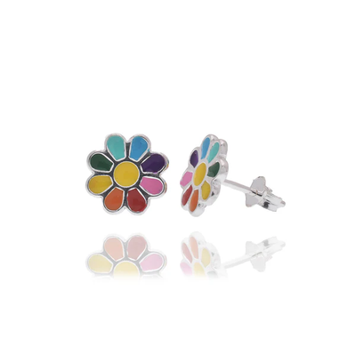Sterling Silver Rhodium Plated Multi Color Enamel Flower Stud Earring