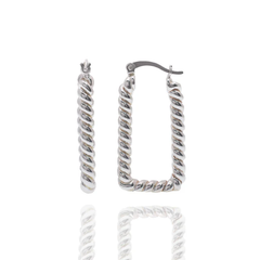 Sterling Silver Rhodium Plated Rectangular Twisted Rope Hoop Earring