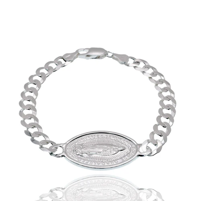 Sterling Silver High Polished Guadalupe Charm On Curb Bracelet