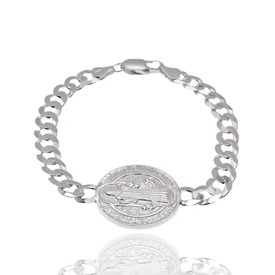 Sterling Silver High Polished Saint Benedict Charm On Curb Bracelet