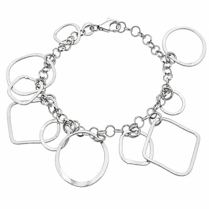 Sterling Silver Rhodium Plated Round And Squares Dangling Bracelet