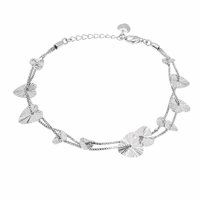 Sterling Silver Rhodium Plated Multi Strand Sunburst Hear Charm Bracelet