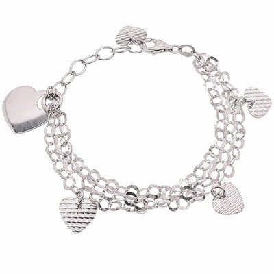 Sterling Silver Rhodium Plated Multi Strand And Hearts Dangling Charm Bracelet