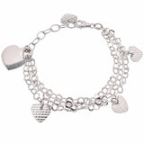 Sterling Silver Rhodium Plated Multi Strand And Hearts Dangling Charm Bracelet