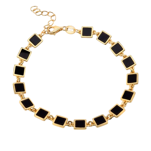 Sterling Silver Gold Plated Square Link Onyx Stone Bracelet