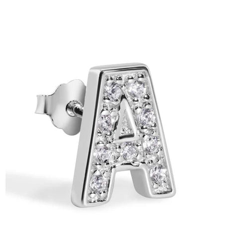 Sterling Silver Rhodium Plated Clear CZ A Letter Alphabet Clear CZ Stud Single Earring