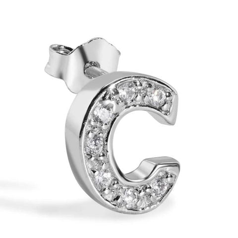 Sterling Silver Rhodium Plated Clear CZ C Letter Alphabet Clear CZ Stud Single Earring