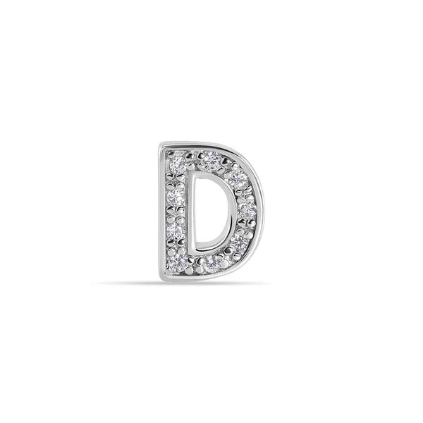 Sterling Silver Rhodium Plated Clear CZ D Letter Alphabet Clear CZ Stud Single Earring