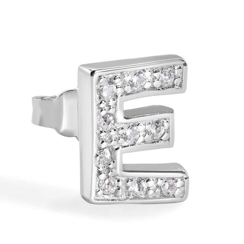 Sterling Silver Rhodium Plated Clear CZ E Letter Alphabet Clear CZ Stud Single Earring