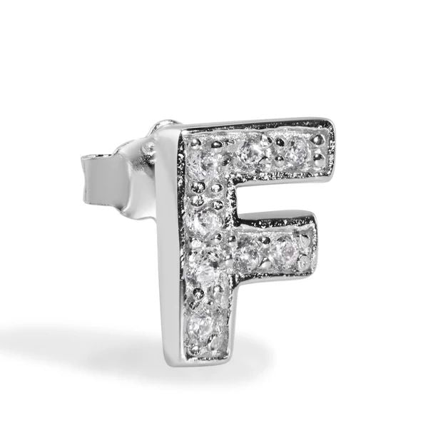 Sterling Silver Rhodium Plated Clear CZ F Letter Alphabet Clear CZ Stud Single Earring