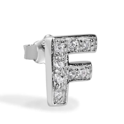 Sterling Silver Rhodium Plated Clear CZ F Letter Alphabet Clear CZ Stud Single Earring