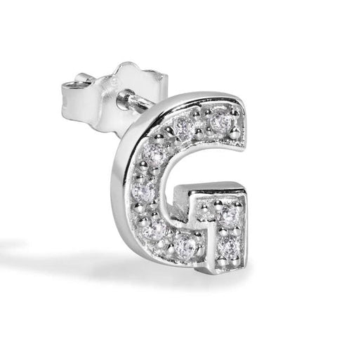 Sterling Silver Rhodium Plated Clear CZ G Letter Alphabet Clear CZ Stud Single Earring