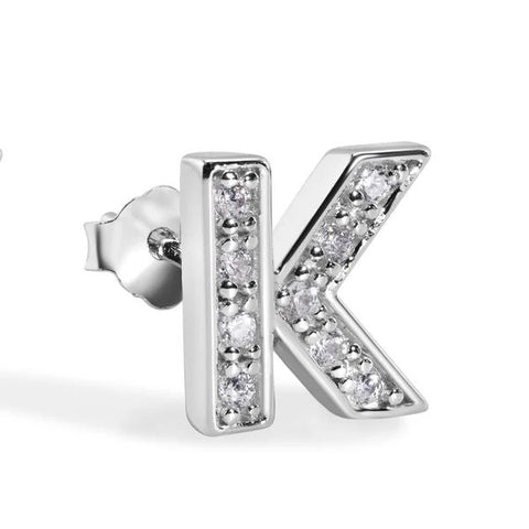 Sterling Silver Rhodium Plated Clear CZ K Letter Alphabet Clear CZ Stud Single Earring