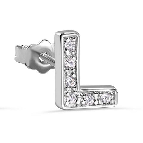 Sterling Silver Rhodium Plated Clear CZ L Letter Alphabet Clear CZ Stud Single Earring