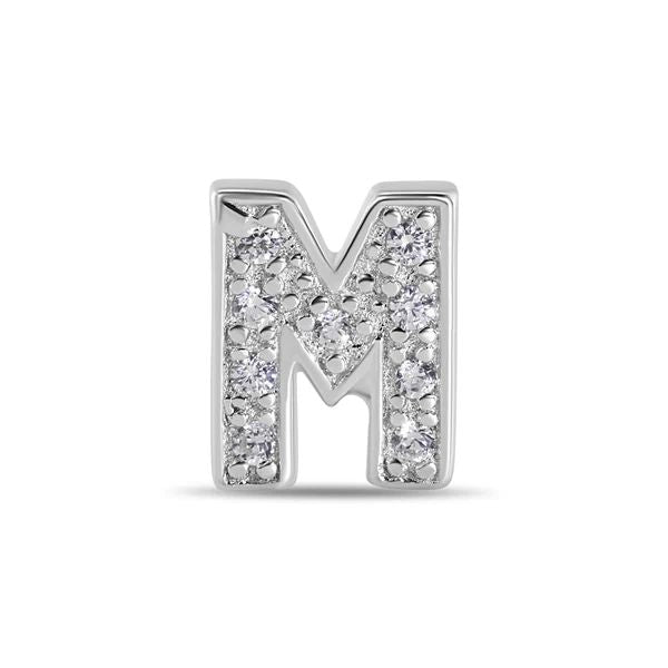 Sterling Silver Rhodium Plated Clear CZ M Letter Alphabet Clear CZ Stud Single Earring