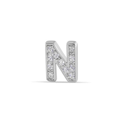 Sterling Silver Rhodium Plated Clear CZ N Letter Alphabet Clear CZ Stud Single Earring