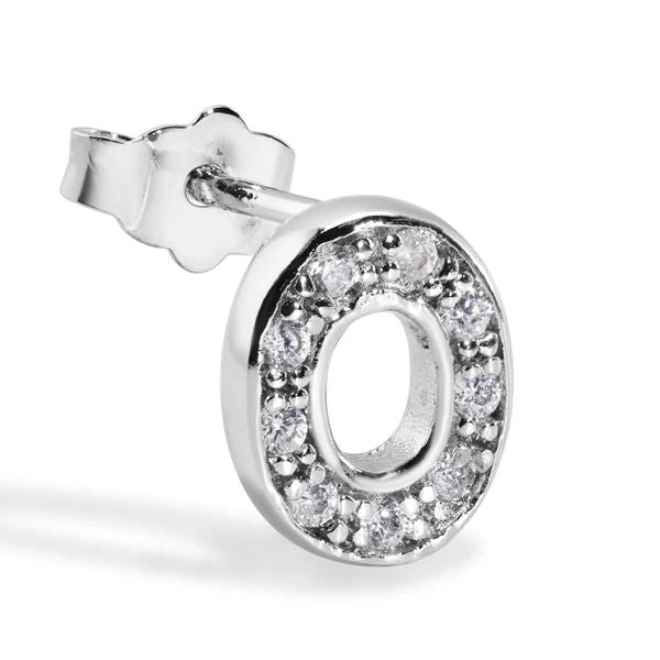 Sterling Silver Rhodium Plated Clear CZ O Letter Alphabet Clear CZ Stud Single Earring