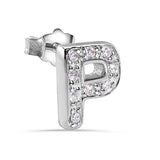 Sterling Silver Rhodium Plated Clear CZ P Letter Alphabet Clear CZ Stud Single Earring