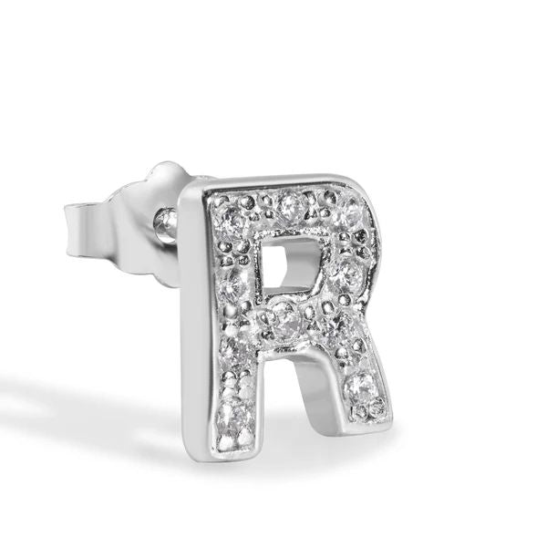 Sterling Silver Rhodium Plated Clear CZ R Letter Alphabet Clear CZ Stud Single Earring