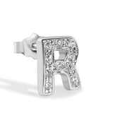 Sterling Silver Rhodium Plated Clear CZ R Letter Alphabet Clear CZ Stud Single Earring