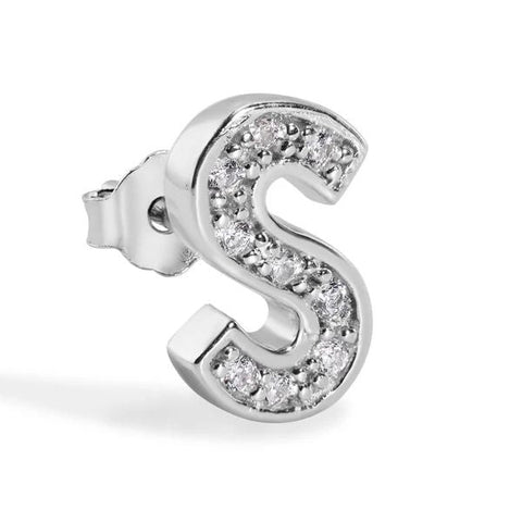 Sterling Silver Rhodium Plated Clear CZ S Letter Alphabet Clear CZ Stud Single Earring