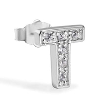 Load image into Gallery viewer, Sterling Silver Rhodium Plated Clear CZ T Letter Alphabet Clear CZ Stud Single Earring