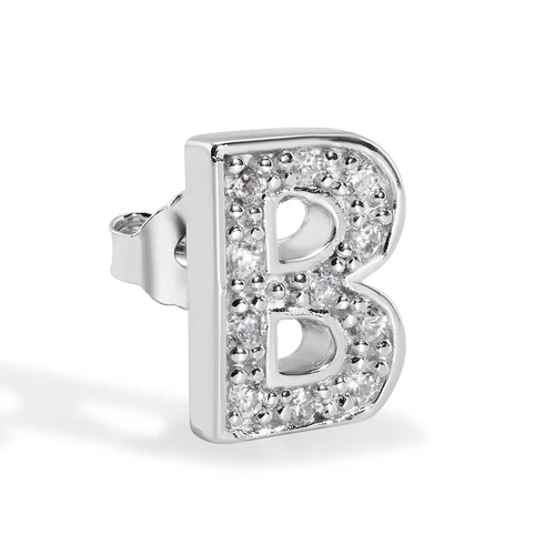 Sterling Silver Rhodium Plated Clear CZ A Letter Alphabet Clear CZ Stud Single Earring