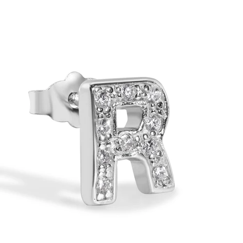 Sterling Silver Rhodium Plated Clear CZ A Letter Alphabet Clear CZ Stud Single Earring