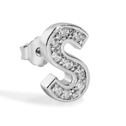 Sterling Silver Rhodium Plated Clear CZ A Letter Alphabet Clear CZ Stud Single Earring