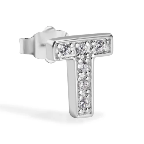 Sterling Silver Rhodium Plated Clear CZ A Letter Alphabet Clear CZ Stud Single Earring