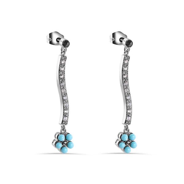 Sterling Silver Rhodium Plated Turquoise Flower Dangling Clear CZ Stud Earrings